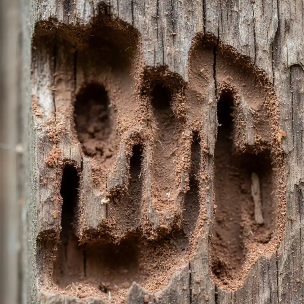 Termite damaged wooden beam with visible tunnels