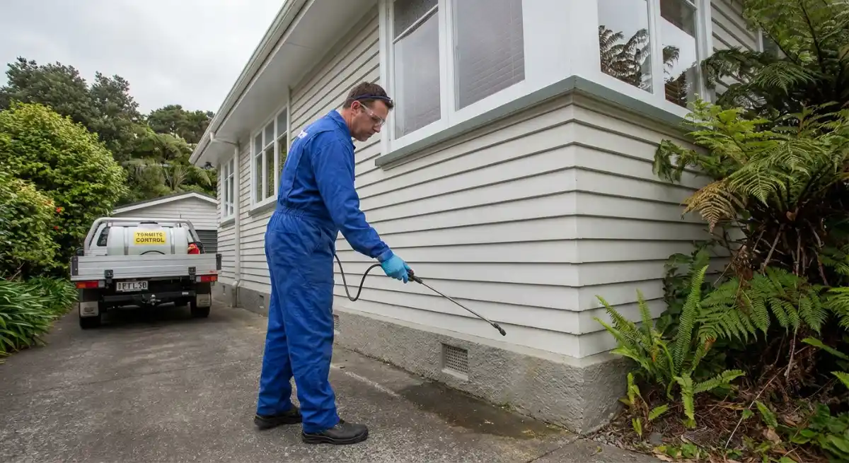 Termite technician applying liquid barrier treatment