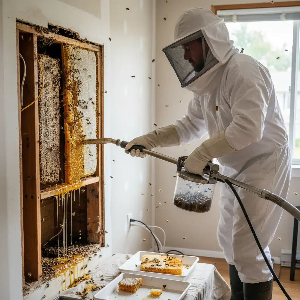 Professional bee remover performing a cut-out from a wall