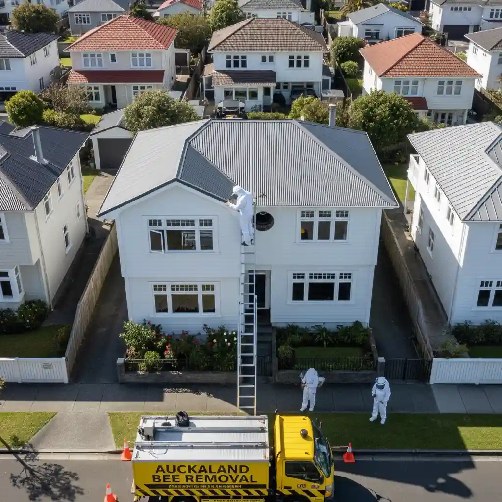 Professional bee removal technician inspecting a hive on an Auckland home