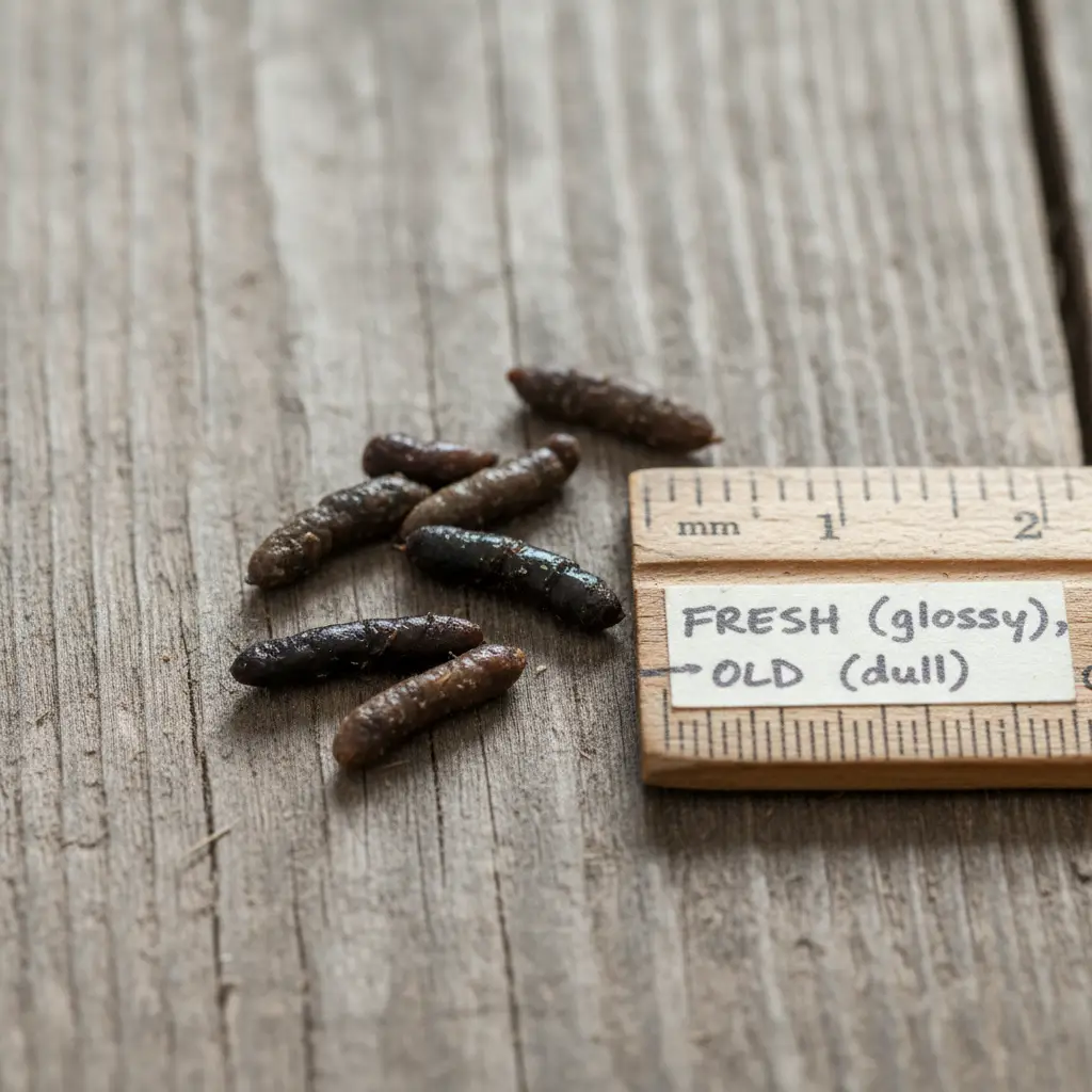 Mouse droppings on a wooden floor, indicating rodent activity