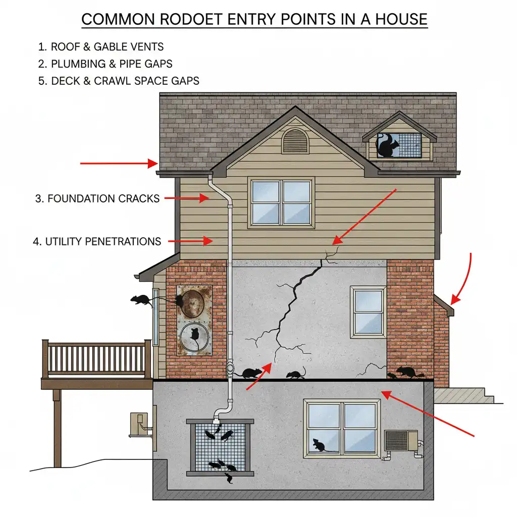 Diagram showing rodent entry points in a house