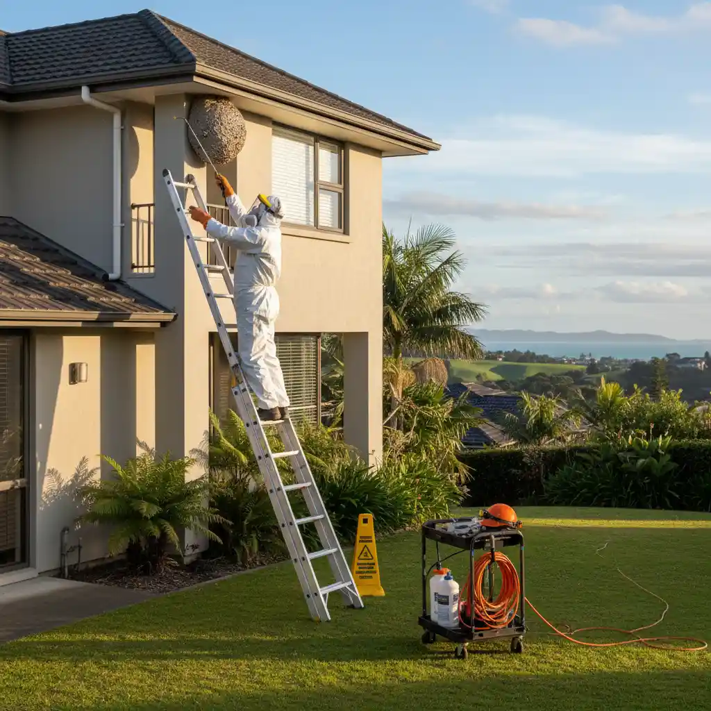 Professional pest control technician assessing a wasp nest on a residential property