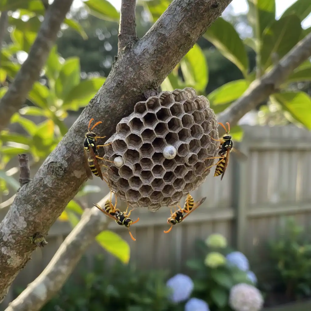 Close-up of a common paper wasp nest in an Auckland garden
