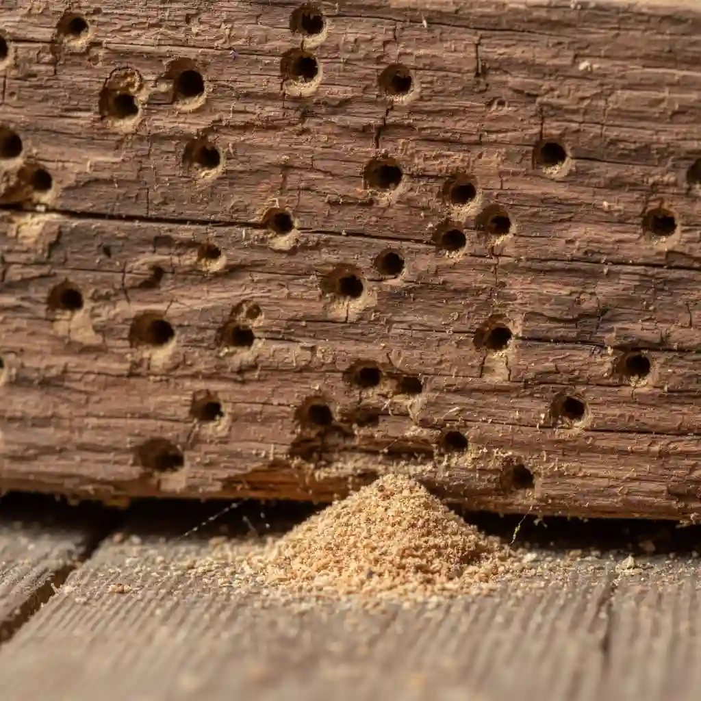 Close-up of borer exit holes and frass on timber