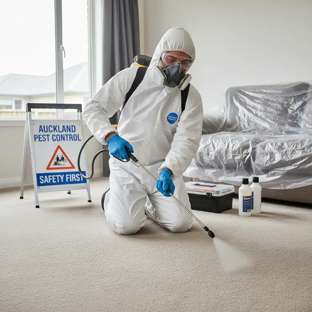 Professional pest control technician treating a home for fleas in Auckland