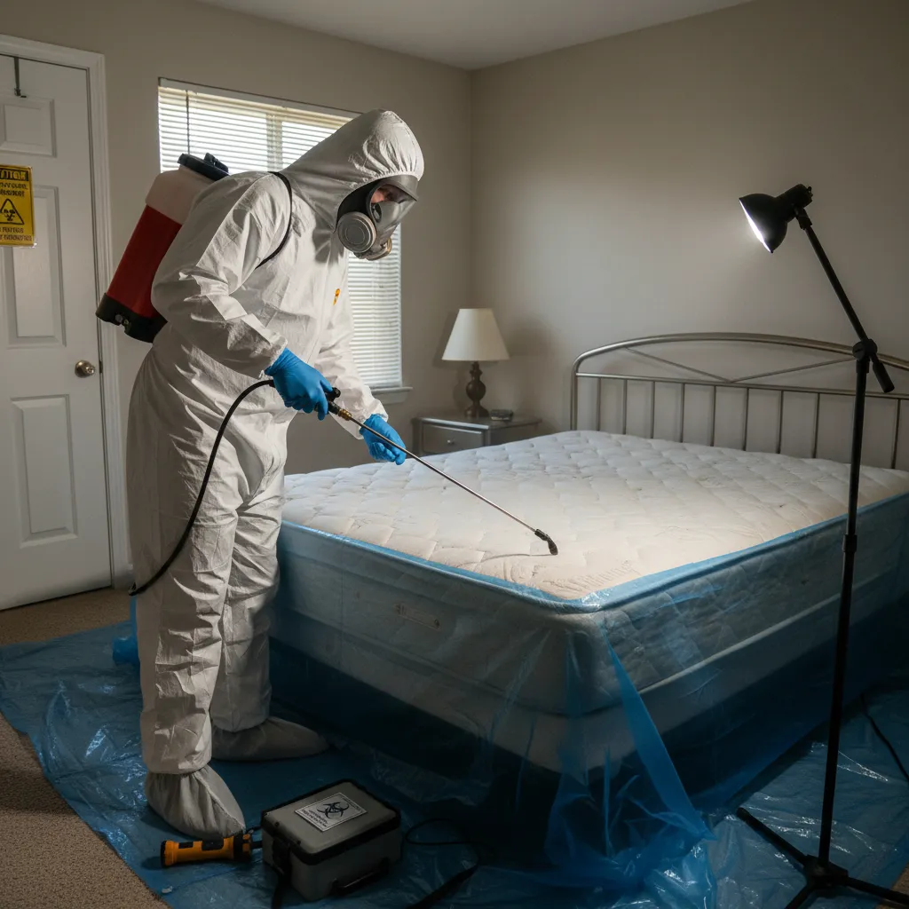 Pest control technician spraying a mattress for bed bugs