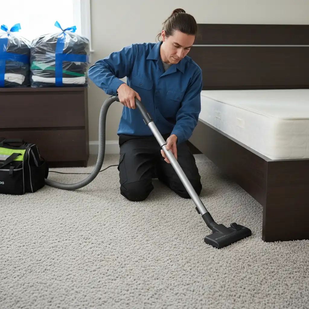Person vacuuming a bedroom floor and bed frame as part of bed bug treatment preparation