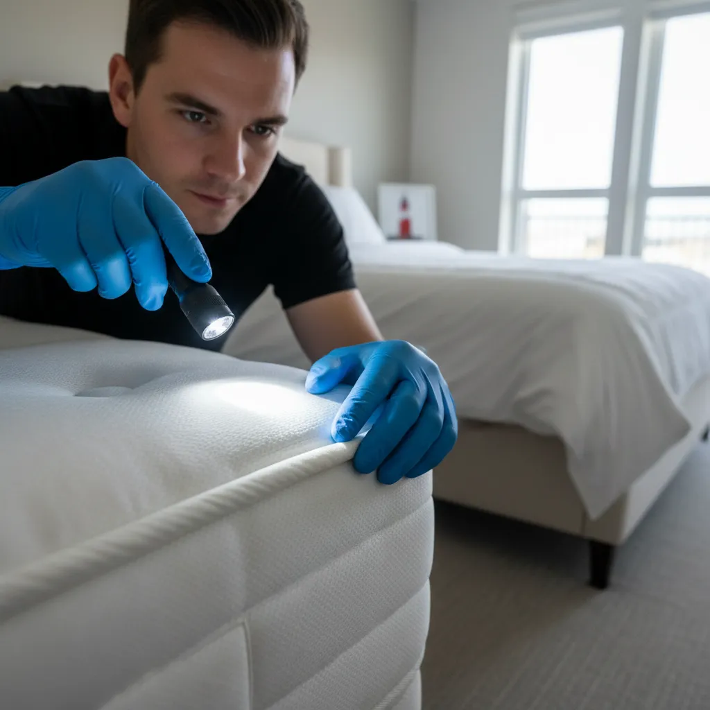 Person inspecting mattress seam for bed bugs as a prevention measure
