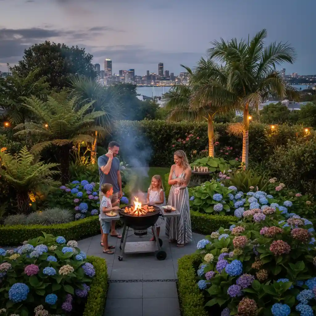 Family enjoying an Auckland garden with subtle mosquito presence