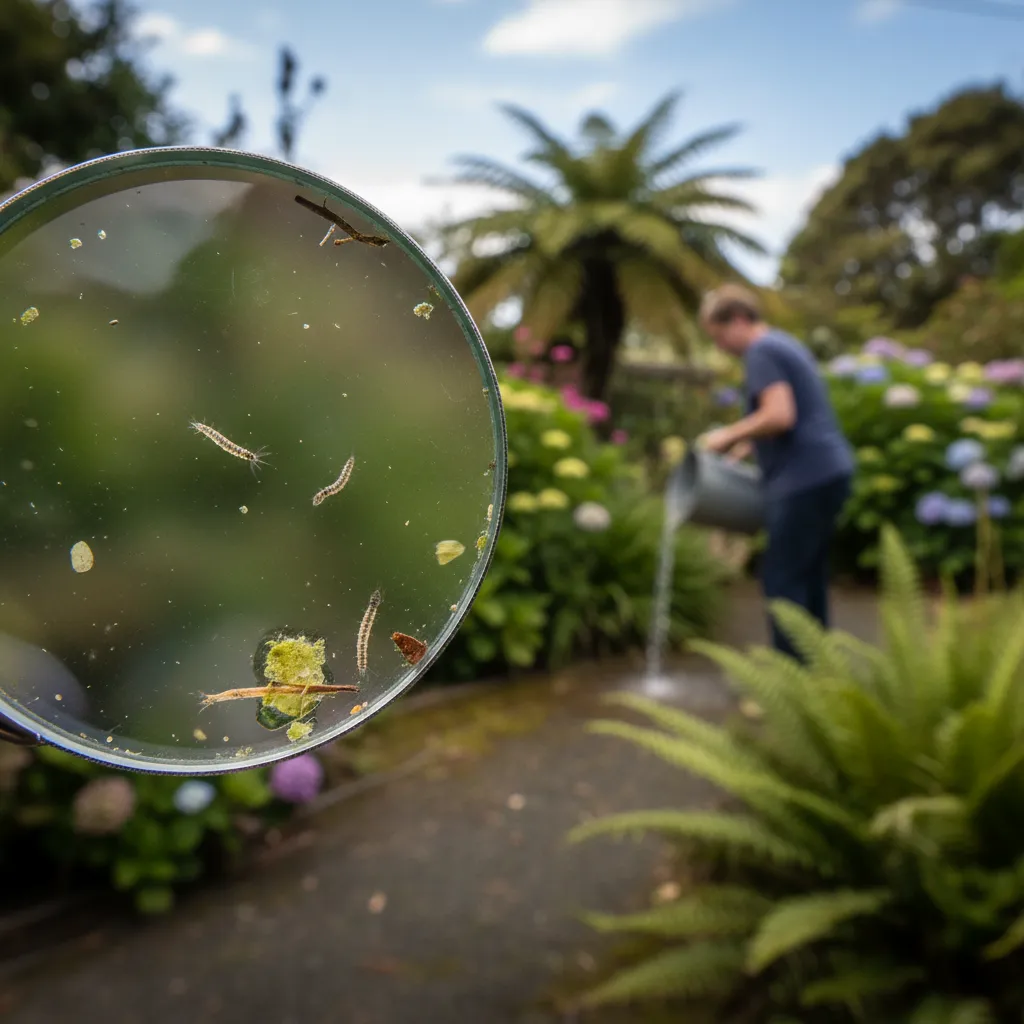 Mosquito larvae in water with a person emptying a bucket in an Auckland garden