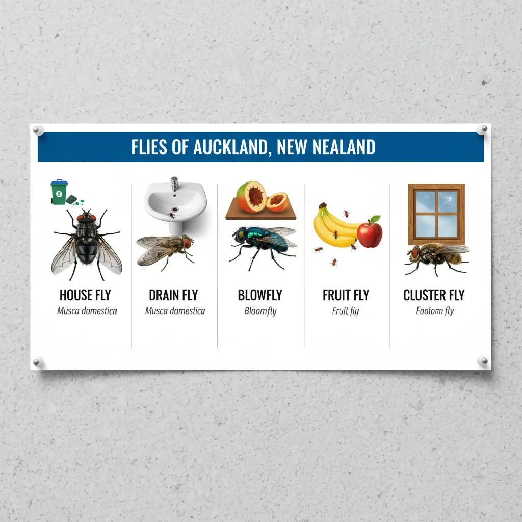 Infographic showing common fly types in Auckland and their habitats.