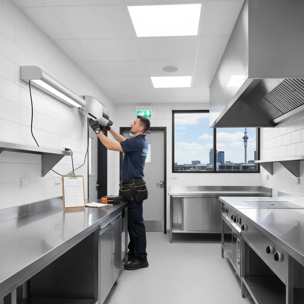 Pest control technician installing an Insect Light Trap in an Auckland commercial kitchen.