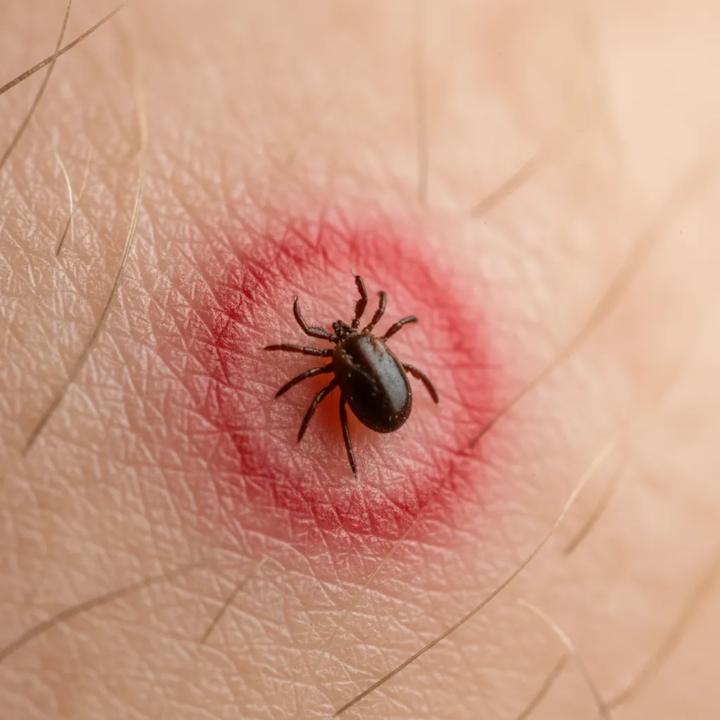 Close-up of a tick embedded in skin