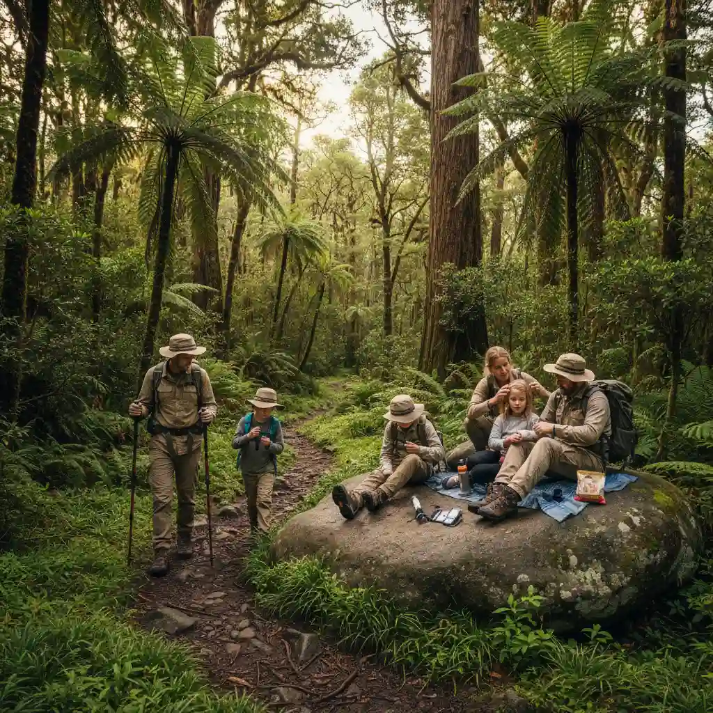 Family hiking and checking for ticks in Auckland forest