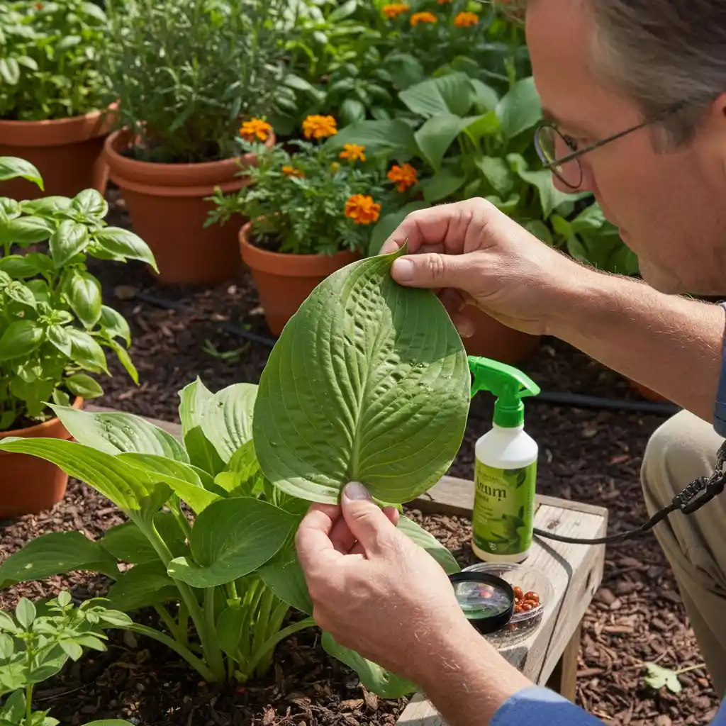 Gardener inspecting leaves for pest damage in an Auckland garden