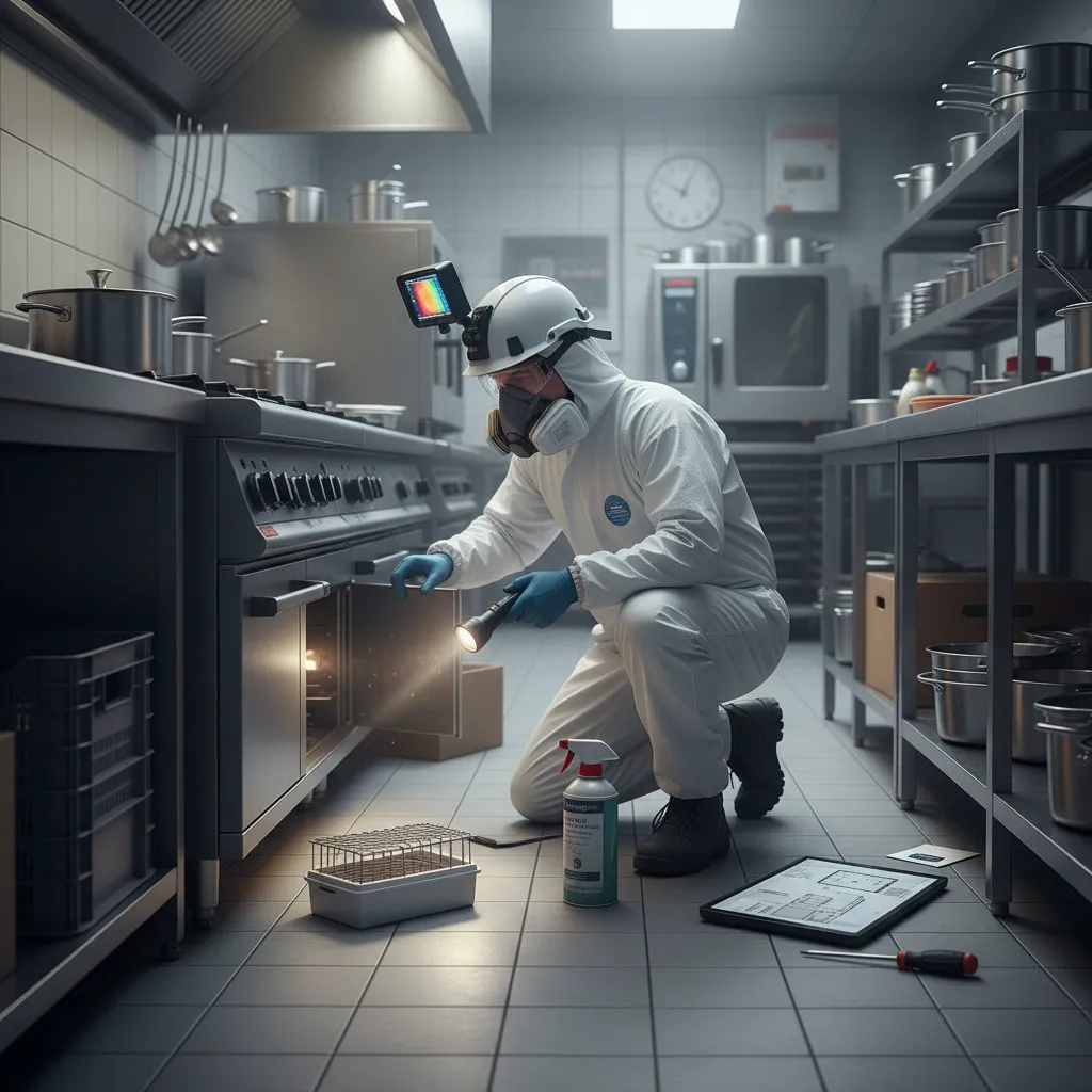 Pest control technician inspecting kitchen for urgent pest situation