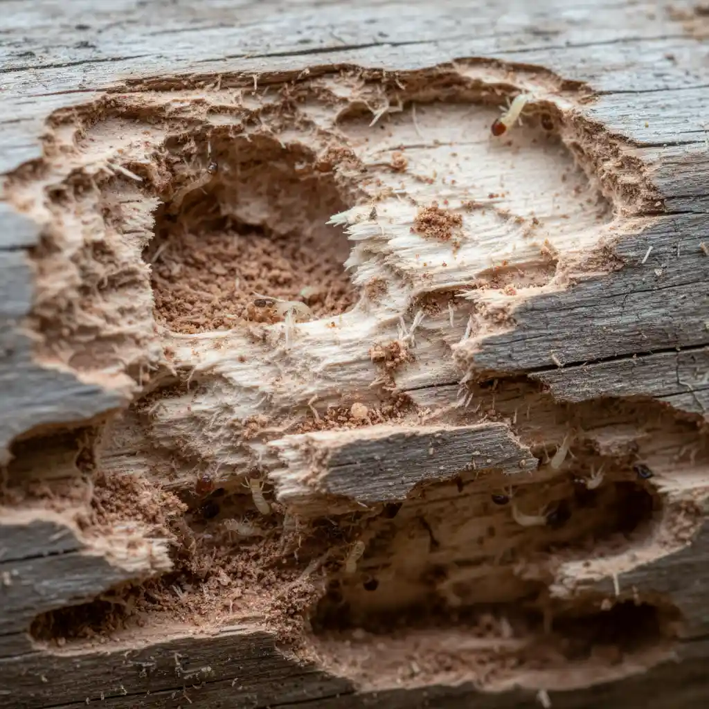 Severe termite damage on wooden beam requiring emergency pest control