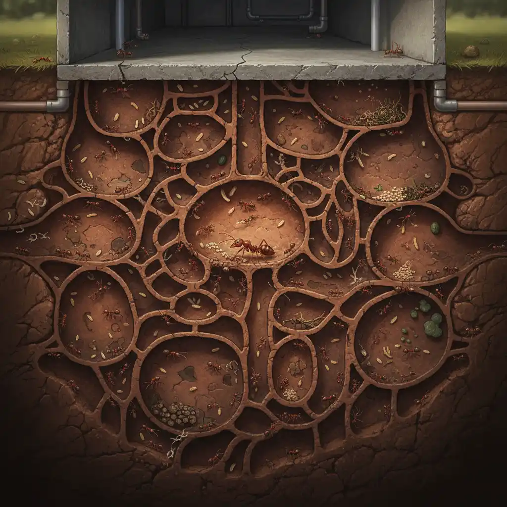 Illustration of a hidden ant nest beneath a home, highlighting its complex structure and scale.