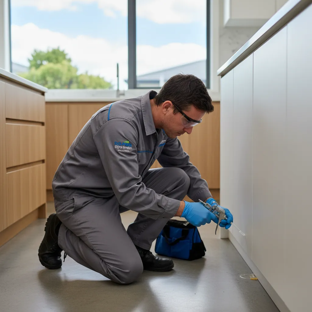 Pest control technician applying targeted ant bait in a kitchen, a key step in professional eradication.