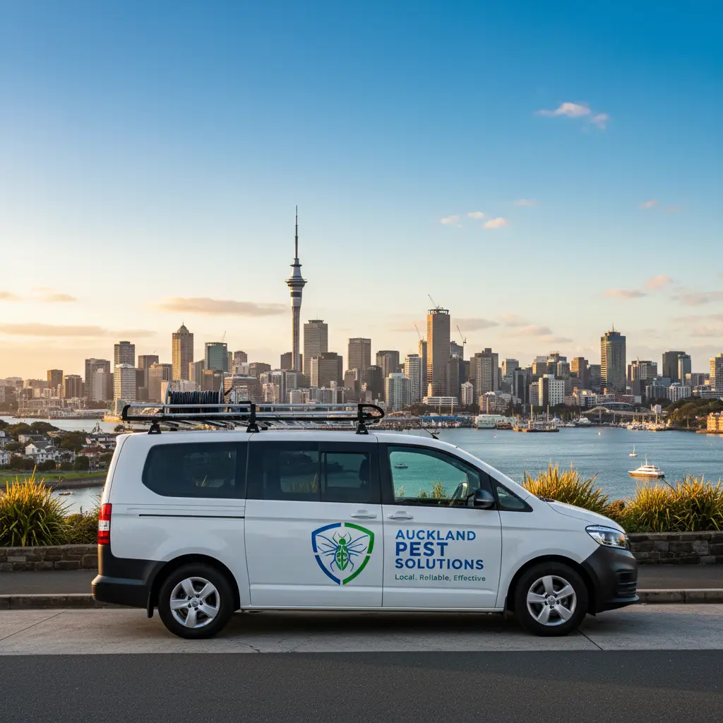Professional pest control vehicle against an Auckland cityscape backdrop, representing local expert service.