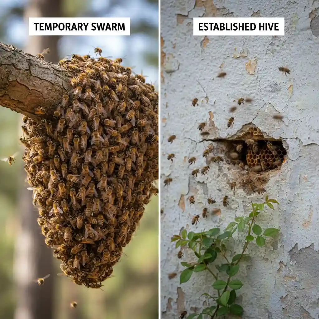 Distinguishing between a bee swarm on a branch and a bee hive inside a wall