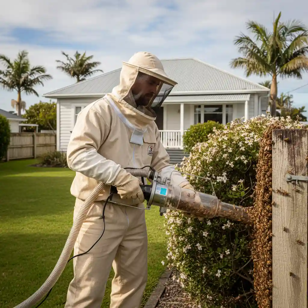 Professional bee remover safely collecting bees from a property