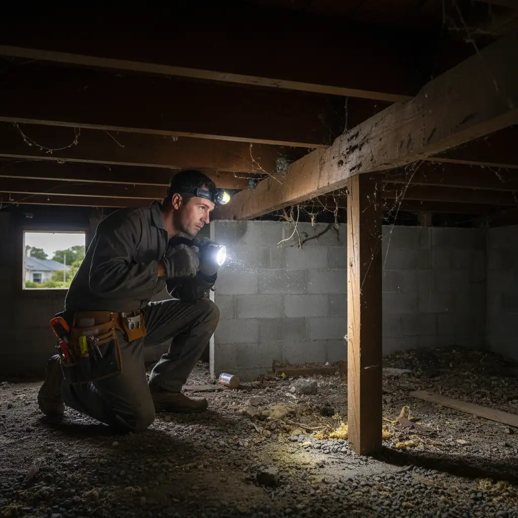 Pest control expert inspecting a dark crawl space under a house in Auckland