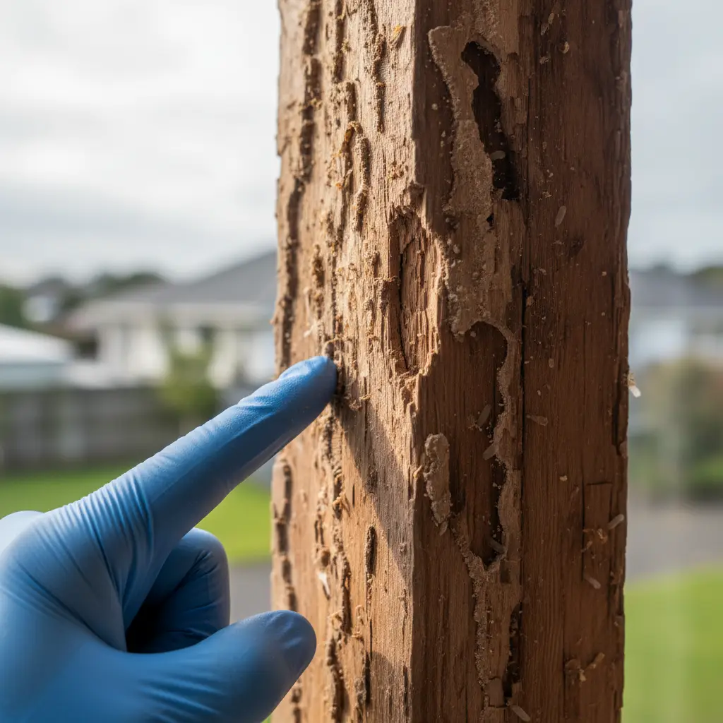 Close-up of termite damaged wooden beam during inspection