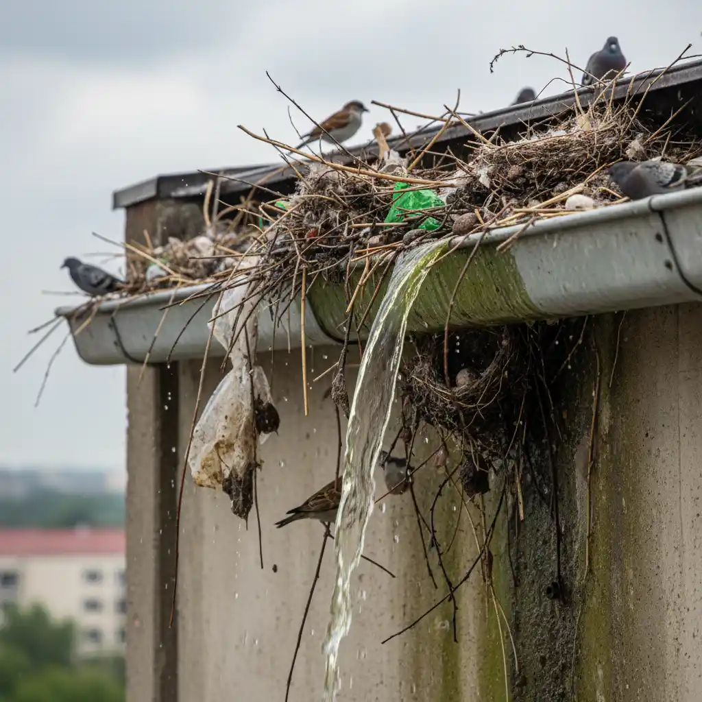 Bird Control Auckland Buildings: Humane Solutions Clogged gutters caused by bird nests on a commercial building in Auckland