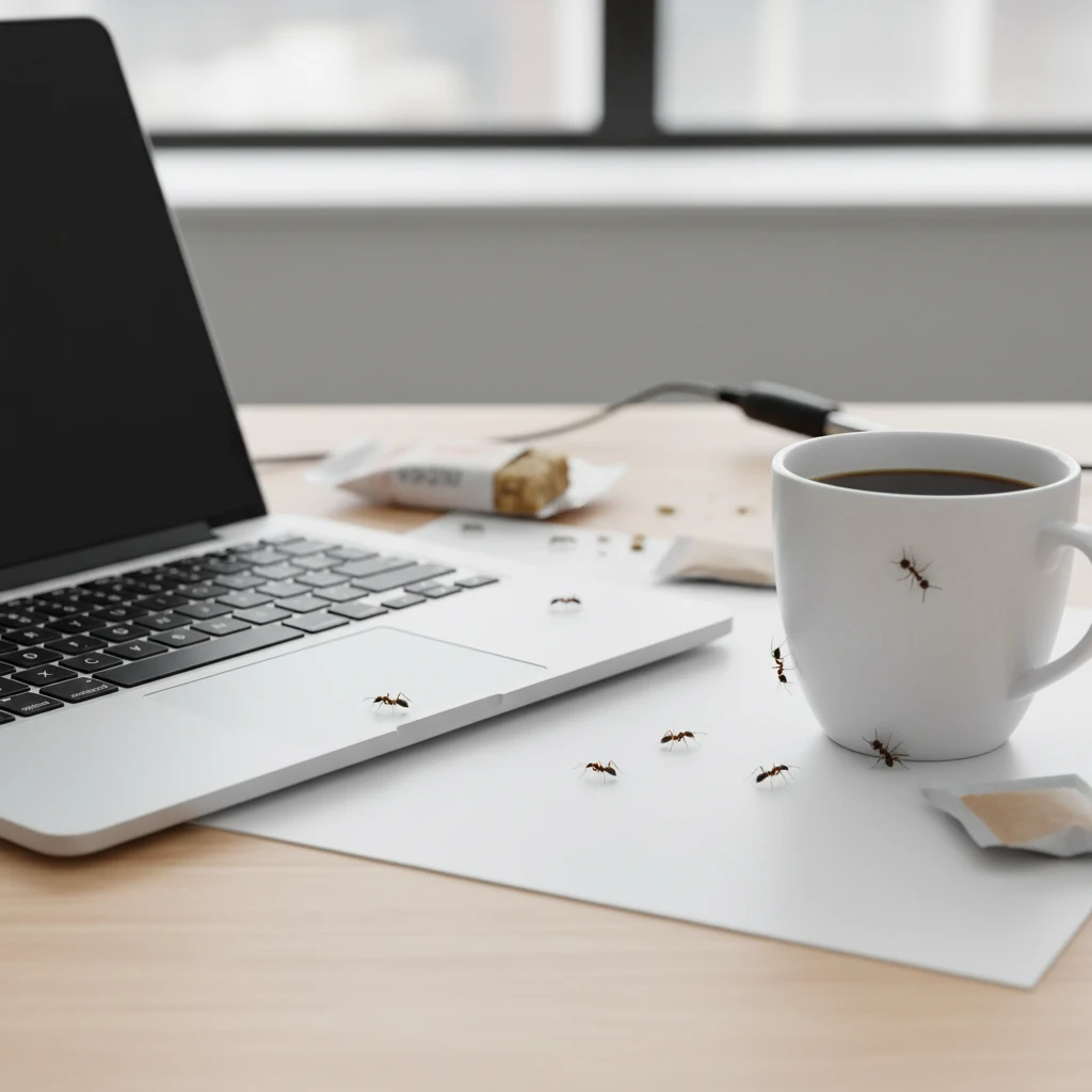 Ants on office desk near electronics