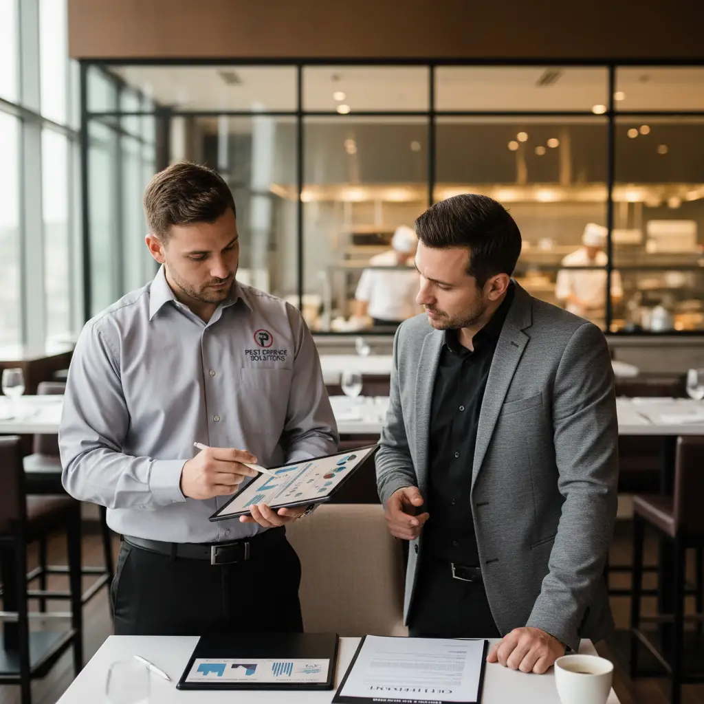 Pest control consultation with business owner