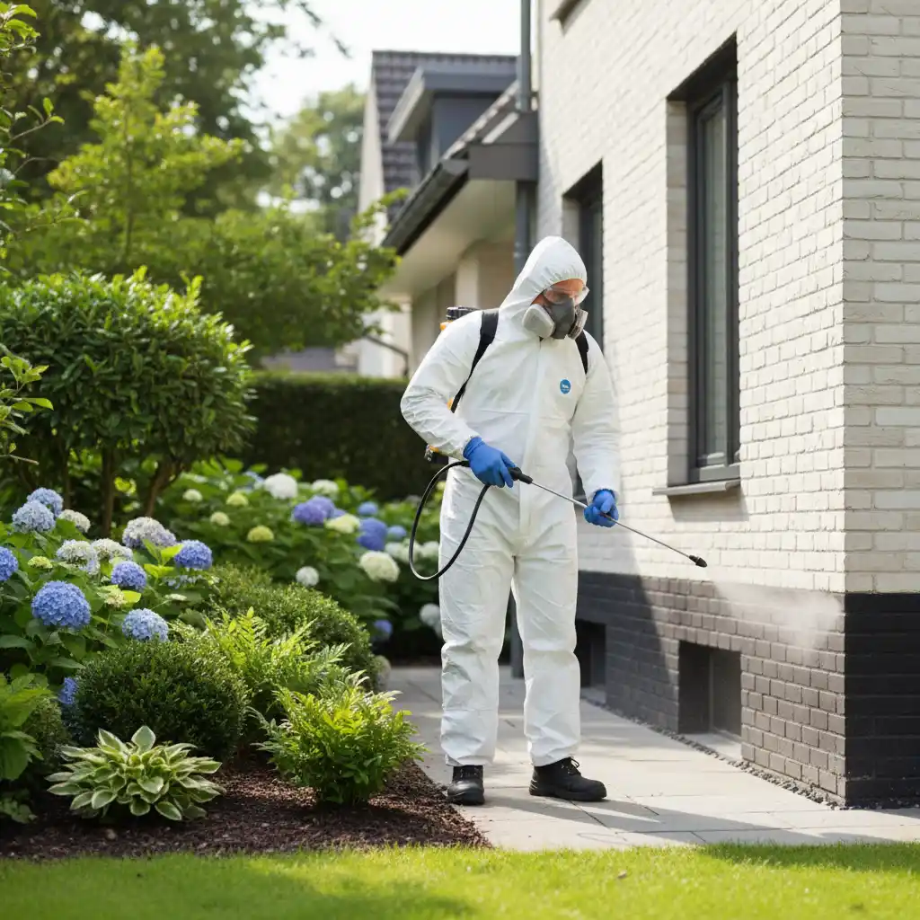 Pest control technician applying barrier treatment