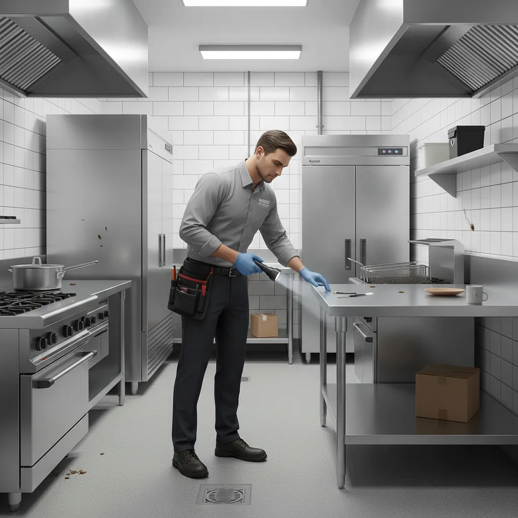 IPM for Businesses: Commercial Pest Management in Auckland Pest management professional inspecting a commercial kitchen in Auckland