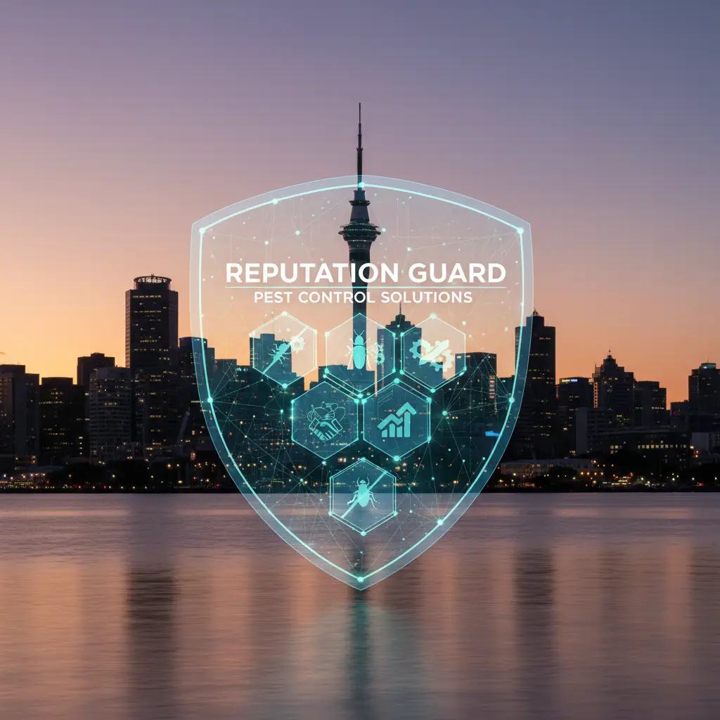 IPM for Businesses: Commercial Pest Management in Auckland Auckland skyline with a protective shield overlay, representing business protection through IPM