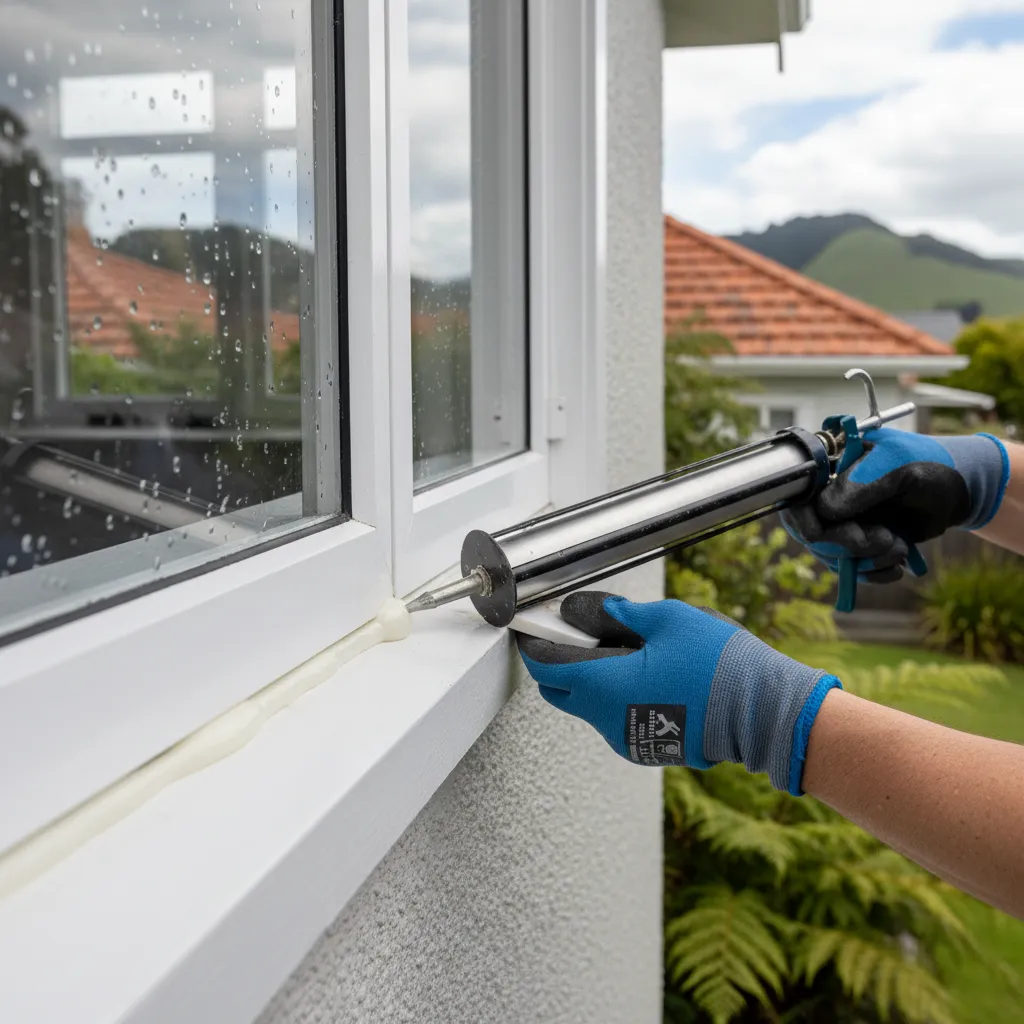 Applying silicone caulk around an exterior window frame