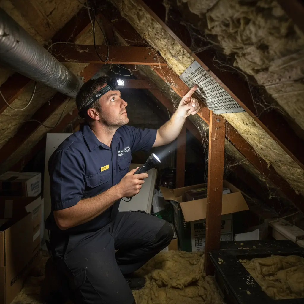 Professional pest control technician inspecting an attic for entry points