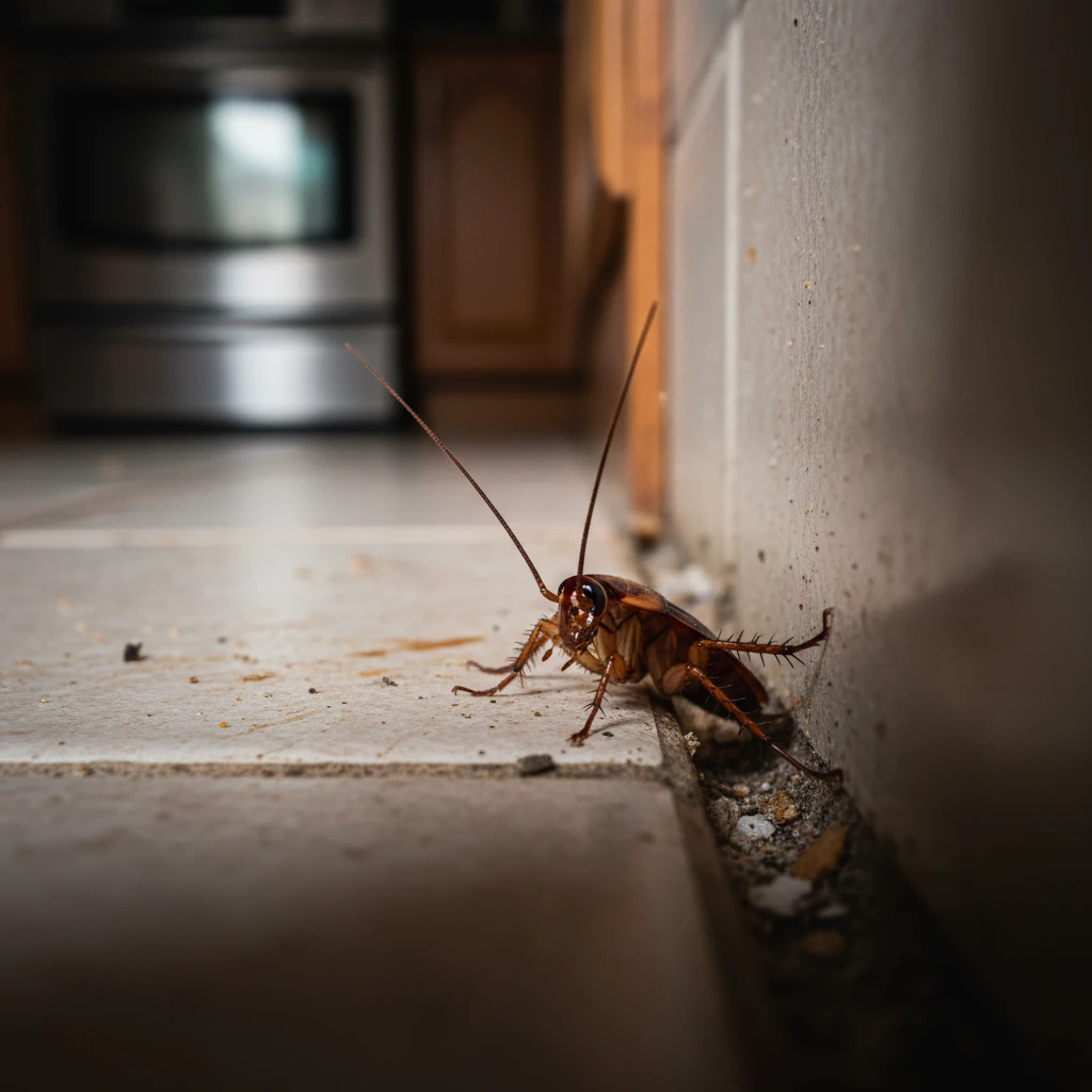 German cockroach hiding in a kitchen crevice