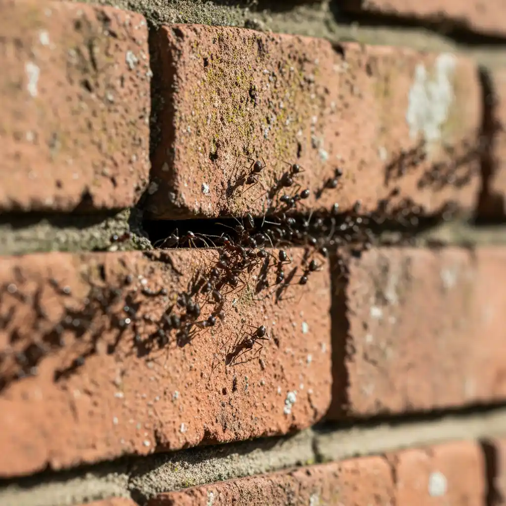 Ants following a pheromone trail on an exterior wall