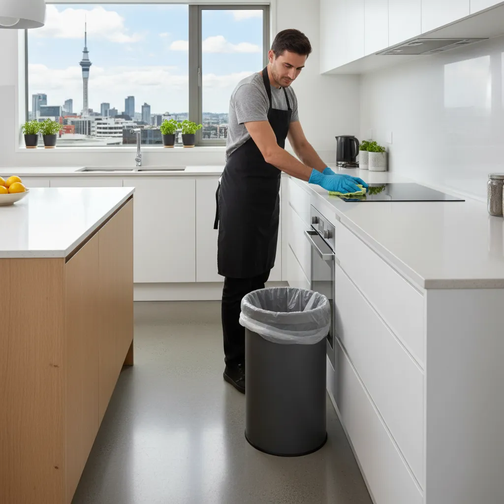 Person cleaning kitchen surfaces to prevent flies