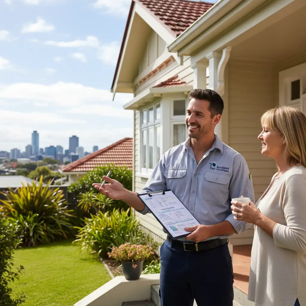 Pest control technician explaining fly control plan to homeowner