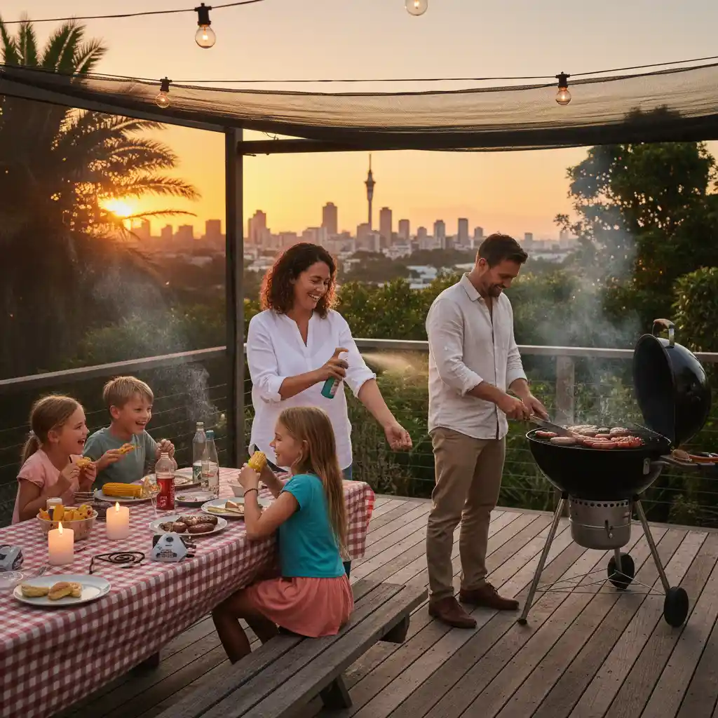 Family applying insect repellent outdoors in Auckland