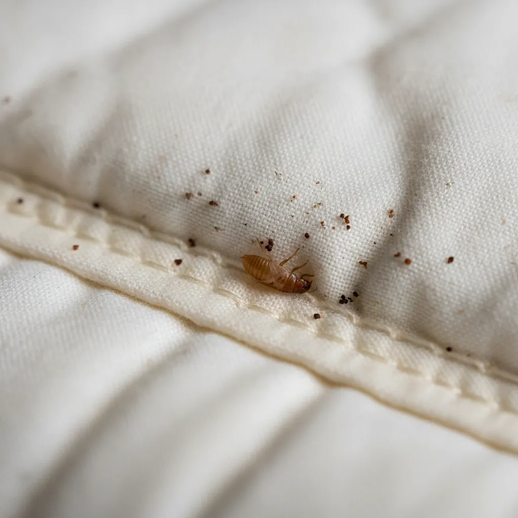 Bed bug faecal spots and shed skin on a mattress seam