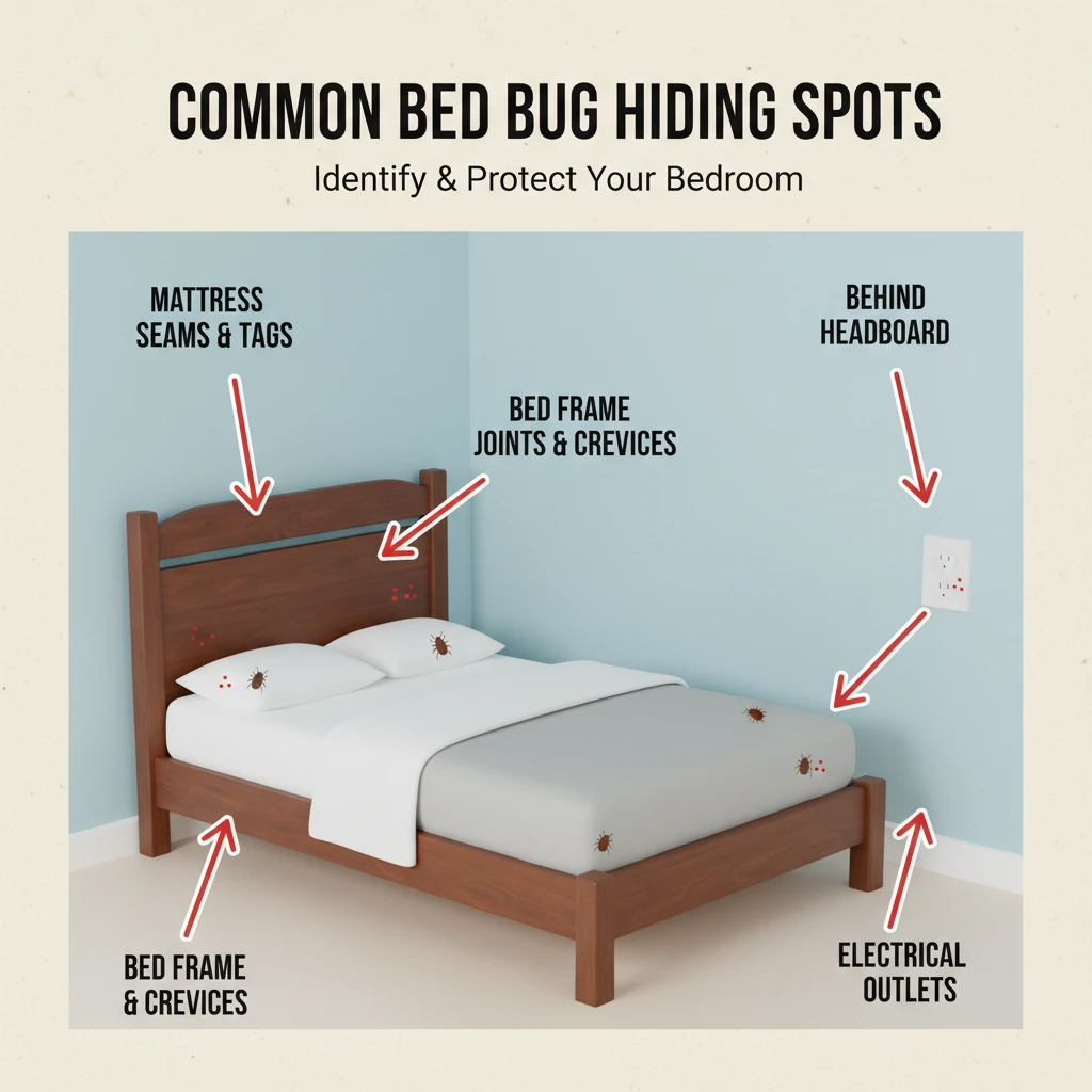 Diagram showing common bed bug hiding spots in a bedroom