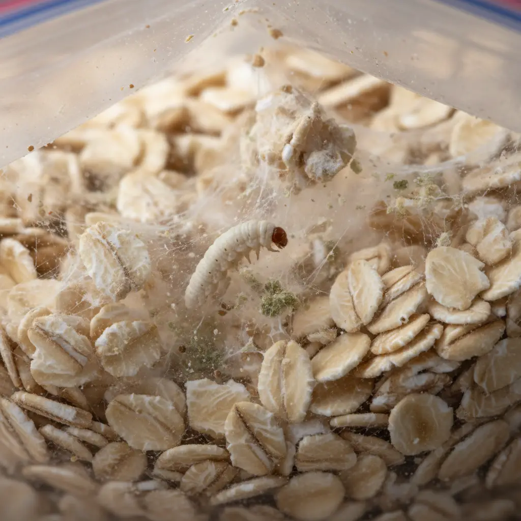 Indian Meal Moth larva and webbing in infested food