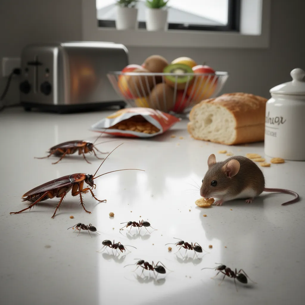 Common household pests like ants, cockroaches, and a mouse on a kitchen counter