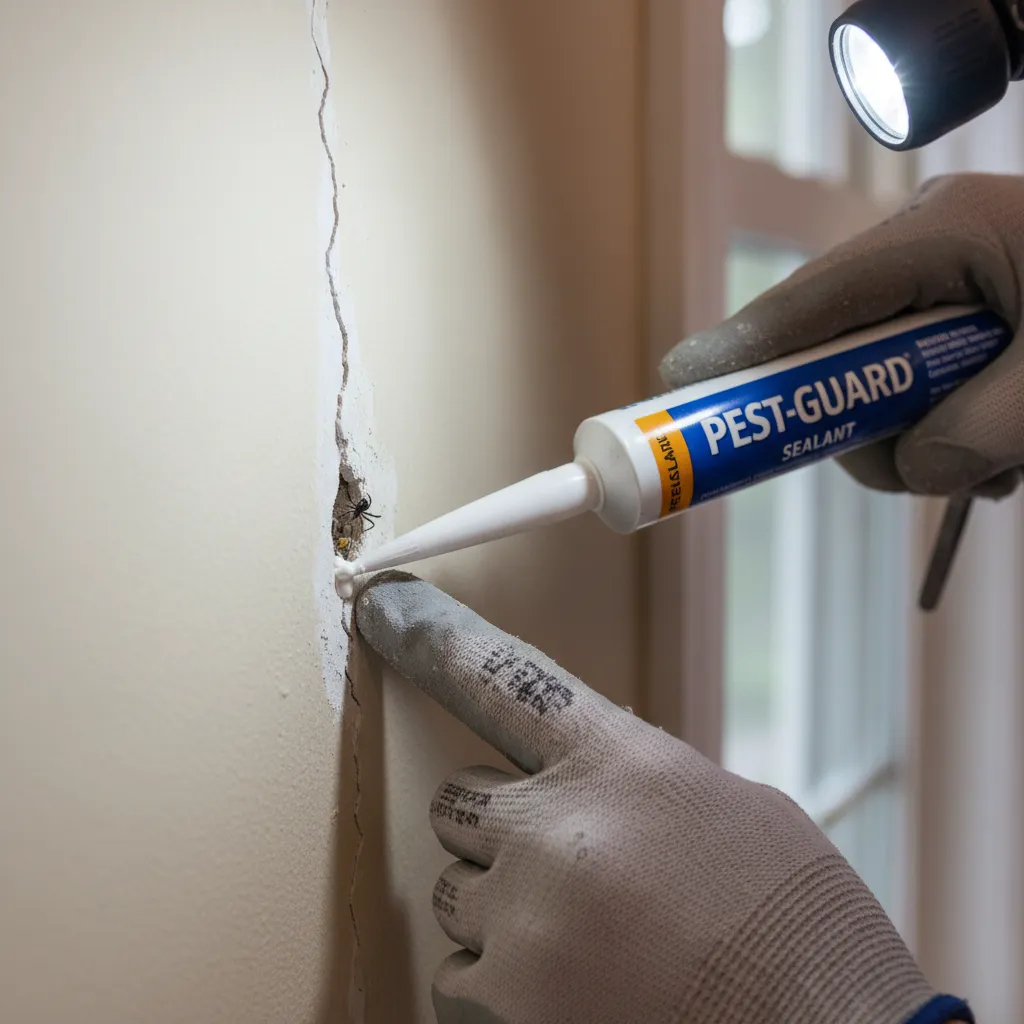 Person sealing a crack in a wall with caulk to prevent pests