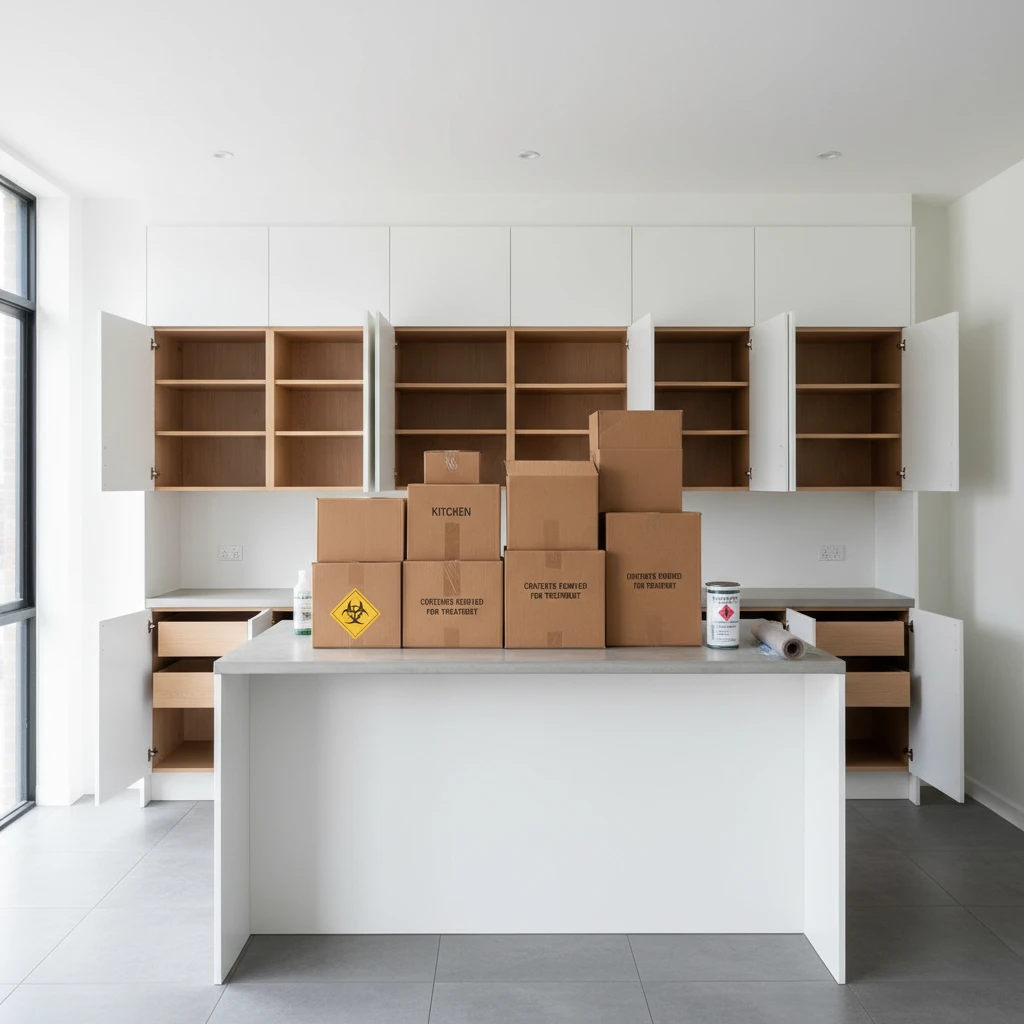 Kitchen prepared for pest control treatment