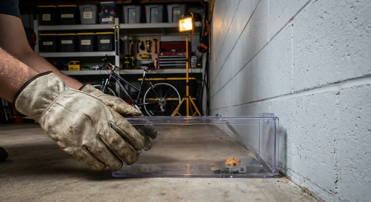 Humane Rodent Traps & Alternatives for Auckland Residents Gloved hands placing a humane live trap in an Auckland garage