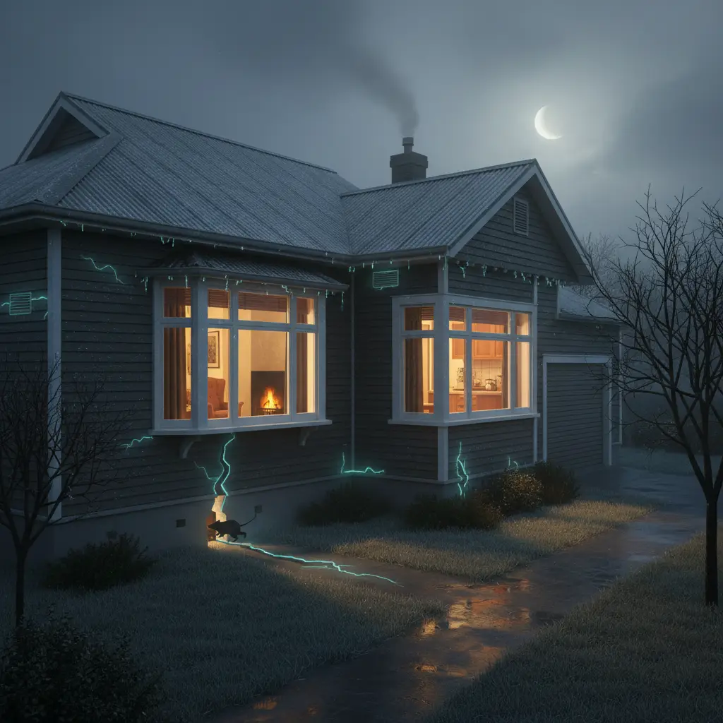 Auckland home in winter with potential rodent entry points highlighted